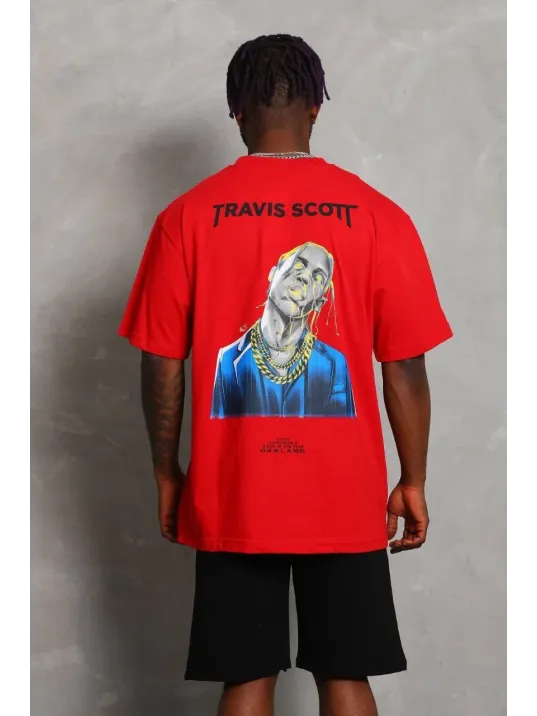 Unisex Oversize Baskılı Bisiklet Yaka T-Shirt - Kırmızı