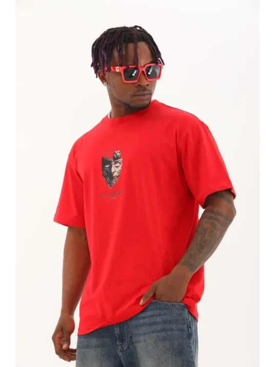 Unisex Oversize Baskılı Bisiklet Yaka T-Shirt - Kırmızı Unisex Oversize Baskılı Bisiklet Yaka T-Shirt - Kırmızı