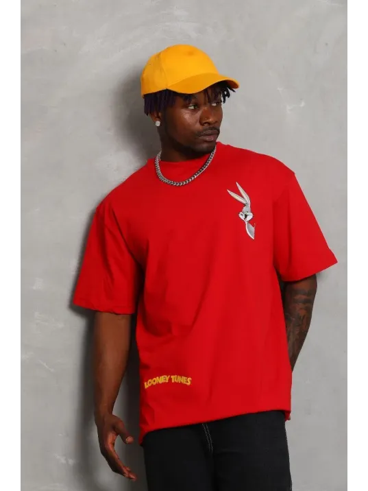 Unisex Oversize Baskılı Bisiklet Yaka T-Shirt - Kırmızı Unisex Oversize Baskılı Bisiklet Yaka T-Shirt - Kırmızı