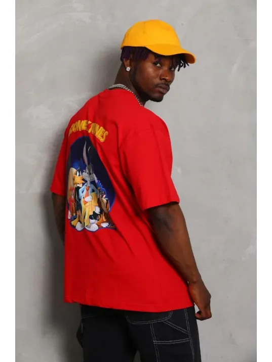 Unisex Oversize Baskılı Bisiklet Yaka T-Shirt - Kırmızı Unisex Oversize Baskılı Bisiklet Yaka T-Shirt - Kırmızı