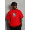 Unisex Oversize Baskılı Bisiklet Yaka T-Shirt - Kırmızı