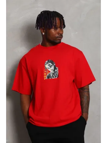 Unisex Oversize Baskılı Bisiklet Yaka T-Shirt - Kırmızı Unisex Oversize Baskılı Bisiklet Yaka T-Shirt - Kırmızı