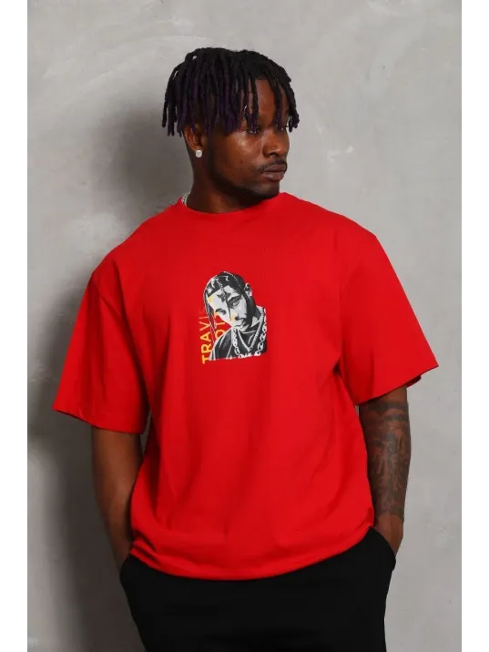 Unisex Oversize Baskılı Bisiklet Yaka T-Shirt - Kırmızı Unisex Oversize Baskılı Bisiklet Yaka T-Shirt - Kırmızı