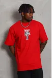 Unisex Oversize Baskılı Bisiklet Yaka T-shirt - Kırmızı