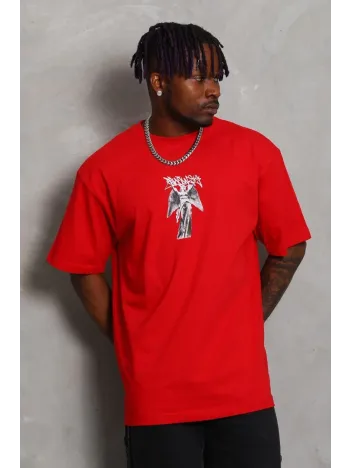 Unisex Oversize Baskılı Bisiklet Yaka T-Shirt - Kırmızı Unisex Oversize Baskılı Bisiklet Yaka T-Shirt - Kırmızı