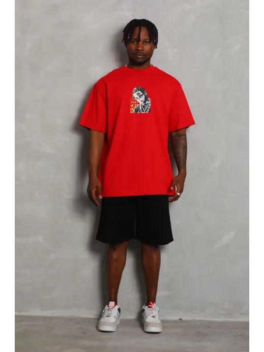 Unisex Oversize Baskılı Bisiklet Yaka T-Shirt - Kırmızı