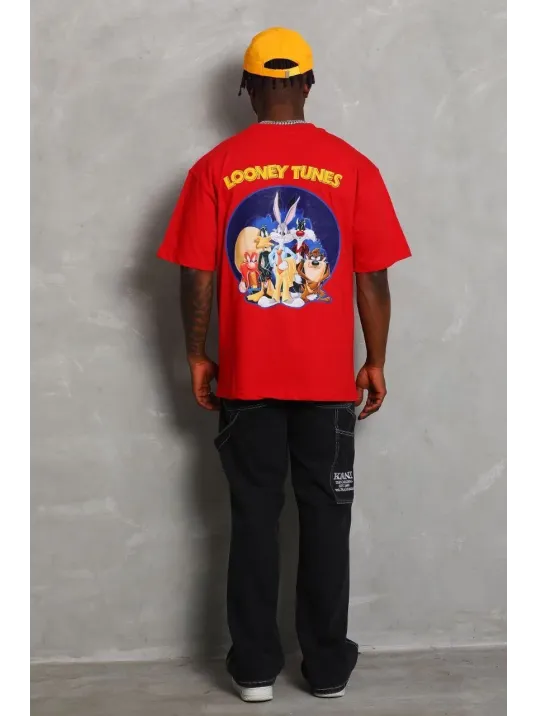 Unisex Oversize Baskılı Bisiklet Yaka T-Shirt - Kırmızı Unisex Oversize Baskılı Bisiklet Yaka T-Shirt - Kırmızı