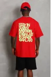 Unisex Oversize Baskılı Bisiklet Yaka T-shirt - Kırmızı