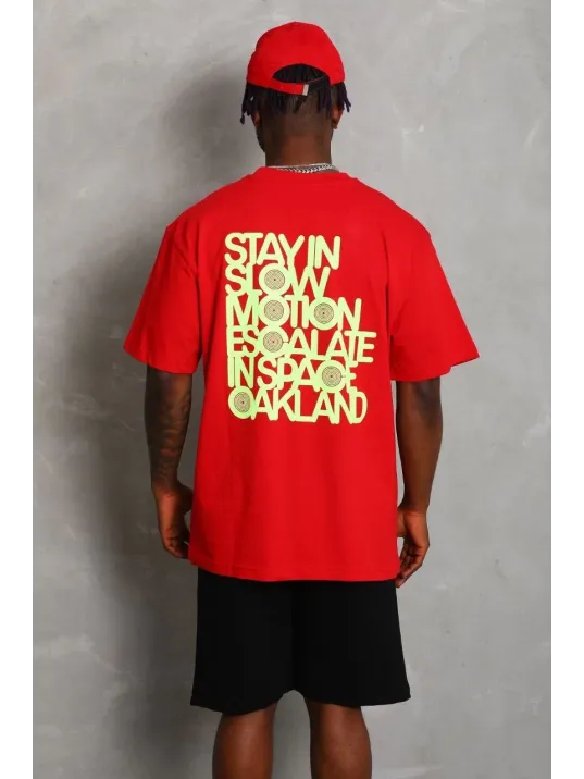 Unisex Oversize Baskılı Bisiklet Yaka T-Shirt - Kırmızı