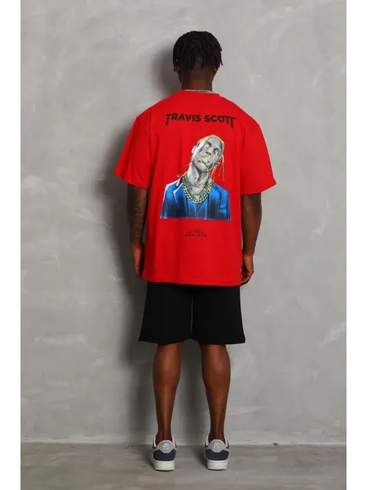 Unisex Oversize Baskılı Bisiklet Yaka T-Shirt - Kırmızı