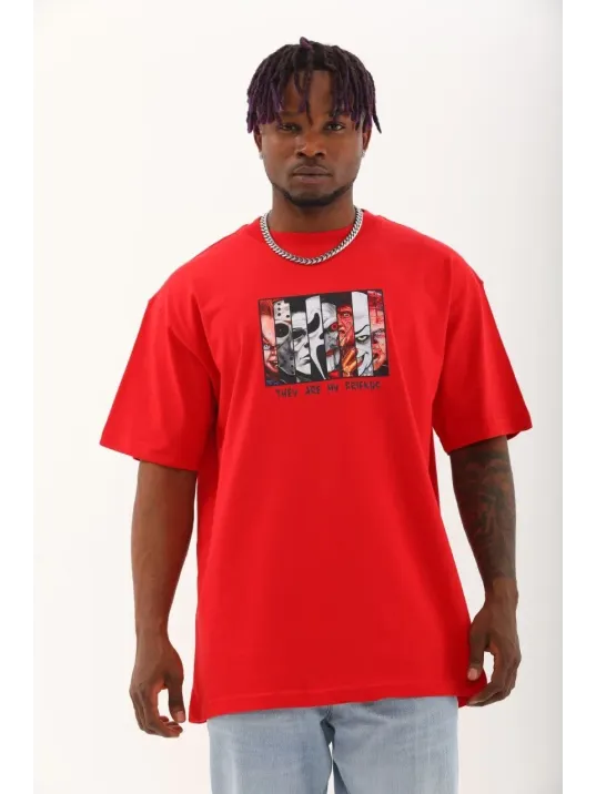 Unisex Oversize Baskılı Bisiklet Yaka T-Shirt - Kırmızı Unisex Oversize Baskılı Bisiklet Yaka T-Shirt - Kırmızı