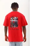 Unisex Oversize Baskılı Bisiklet Yaka T-shirt - Kırmızı