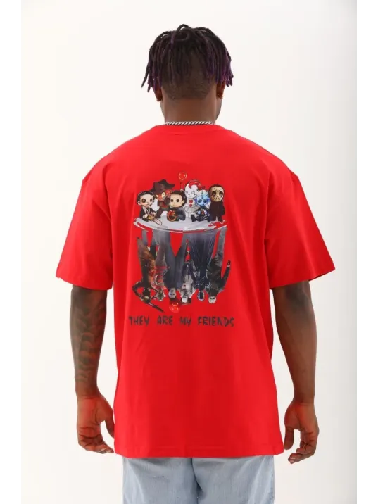 Unisex Oversize Baskılı Bisiklet Yaka T-Shirt - Kırmızı