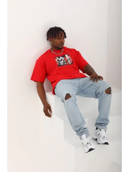 Unisex Oversize Baskılı Bisiklet Yaka T-Shirt - Kırmızı