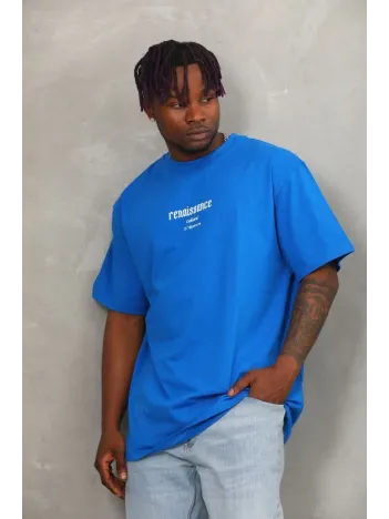 Unisex Oversize Baskılı Bisiklet Yaka T-Shirt - Mavi Unisex Oversize Baskılı Bisiklet Yaka T-Shirt - Mavi
