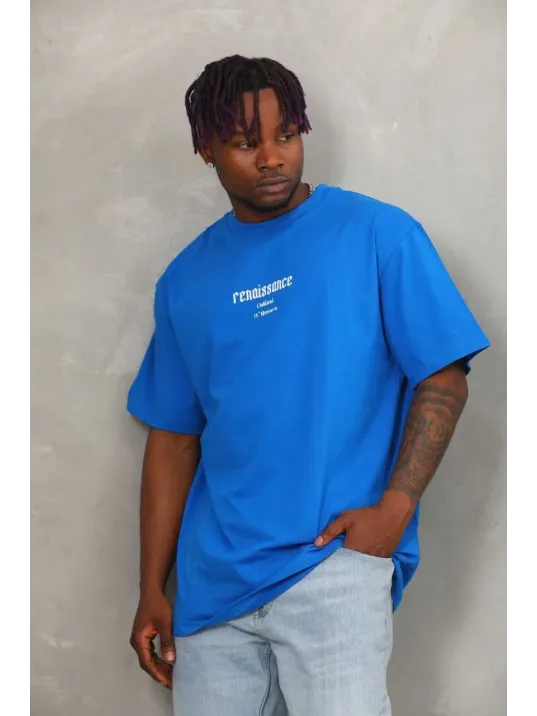 Unisex Oversize Baskılı Bisiklet Yaka T-Shirt - Mavi Unisex Oversize Baskılı Bisiklet Yaka T-Shirt - Mavi