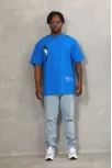Unisex Oversize Baskılı Bisiklet Yaka T-shirt - Mavi