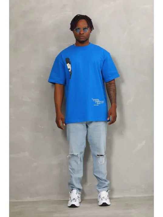 Unisex Oversize Baskılı Bisiklet Yaka T-Shirt - Mavi Unisex Oversize Baskılı Bisiklet Yaka T-Shirt - Mavi