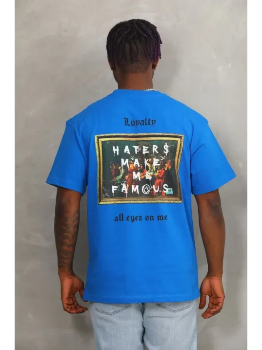 Unisex Oversize Baskılı Bisiklet Yaka T-Shirt - Mavi