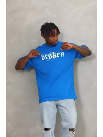 Unisex Oversize Baskılı Bisiklet Yaka T-Shirt - Mavi