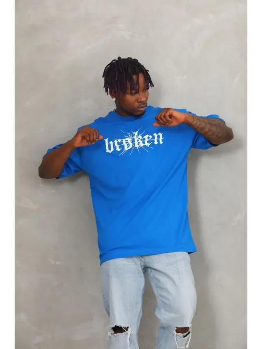 Unisex Oversize Baskılı Bisiklet Yaka T-Shirt - Mavi