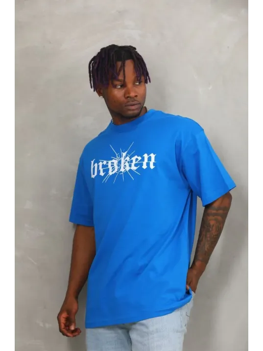 Unisex Oversize Baskılı Bisiklet Yaka T-Shirt - Mavi Unisex Oversize Baskılı Bisiklet Yaka T-Shirt - Mavi