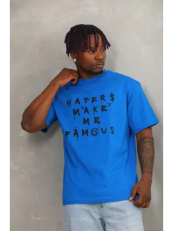 Unisex Oversize Baskılı Bisiklet Yaka T-Shirt - Mavi