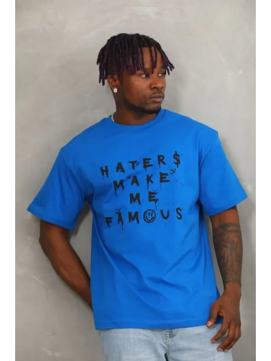 Unisex Oversize Baskılı Bisiklet Yaka T-Shirt - Mavi