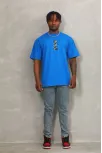Unisex Oversize Baskılı Bisiklet Yaka T-shirt - Mavi