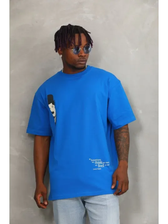 Unisex Oversize Baskılı Bisiklet Yaka T-Shirt - Mavi Unisex Oversize Baskılı Bisiklet Yaka T-Shirt - Mavi