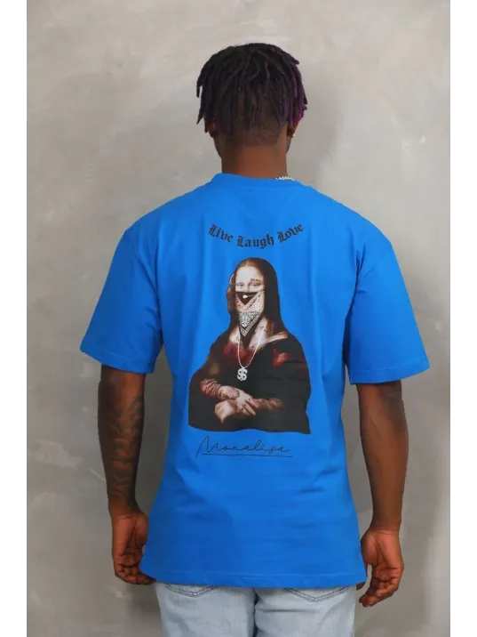 Unisex Oversize Baskılı Bisiklet Yaka T-Shirt - Mavi