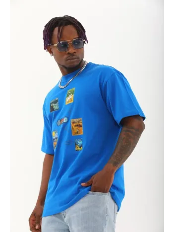 Unisex Oversize Baskılı Bisiklet Yaka T-Shirt - Mavi