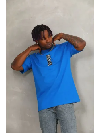 Unisex Oversize Baskılı Bisiklet Yaka T-Shirt - Mavi Unisex Oversize Baskılı Bisiklet Yaka T-Shirt - Mavi