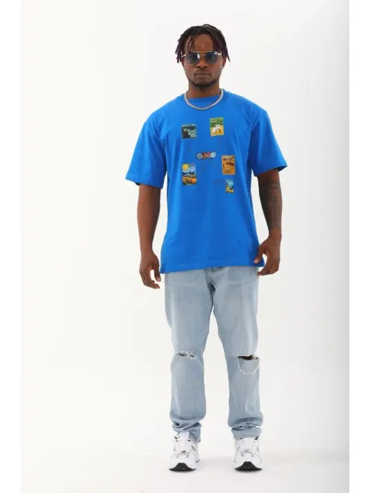 Unisex Oversize Baskılı Bisiklet Yaka T-Shirt - Mavi