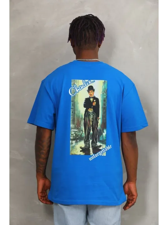 Unisex Oversize Baskılı Bisiklet Yaka T-Shirt - Mavi Unisex Oversize Baskılı Bisiklet Yaka T-Shirt - Mavi