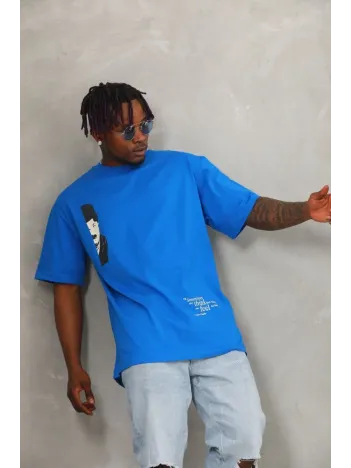 Unisex Oversize Baskılı Bisiklet Yaka T-Shirt - Mavi