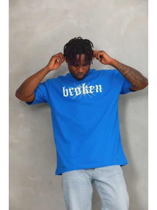 Unisex Oversize Baskılı Bisiklet Yaka T-Shirt - Mavi