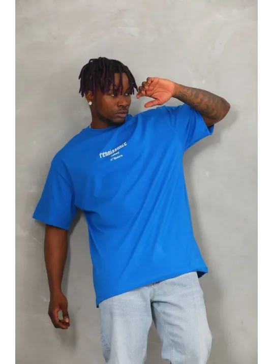 Unisex Oversize Baskılı Bisiklet Yaka T-Shirt - Mavi Unisex Oversize Baskılı Bisiklet Yaka T-Shirt - Mavi