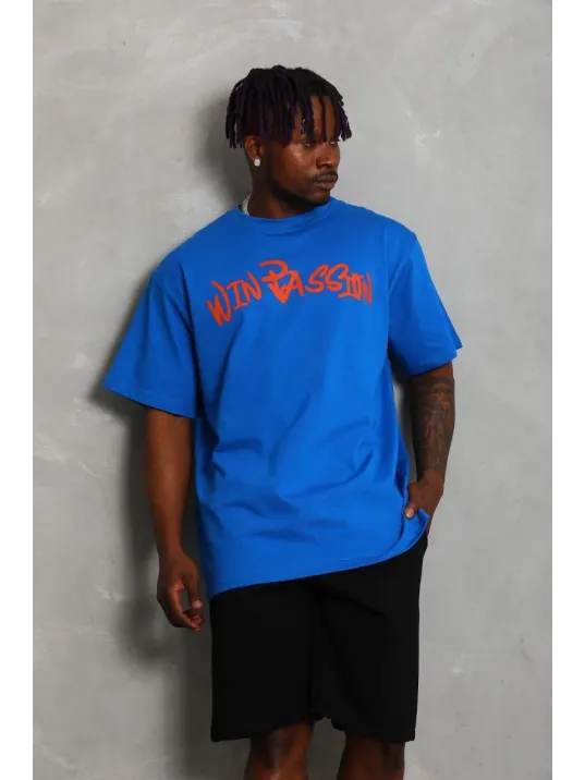 Unisex Oversize Baskılı Bisiklet Yaka T-Shirt - Mavi Unisex Oversize Baskılı Bisiklet Yaka T-Shirt - Mavi