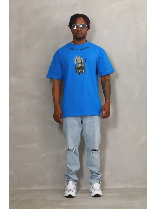 Unisex Oversize Baskılı Bisiklet Yaka T-Shirt - Mavi