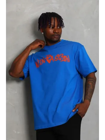 Unisex Oversize Baskılı Bisiklet Yaka T-Shirt - Mavi Unisex Oversize Baskılı Bisiklet Yaka T-Shirt - Mavi