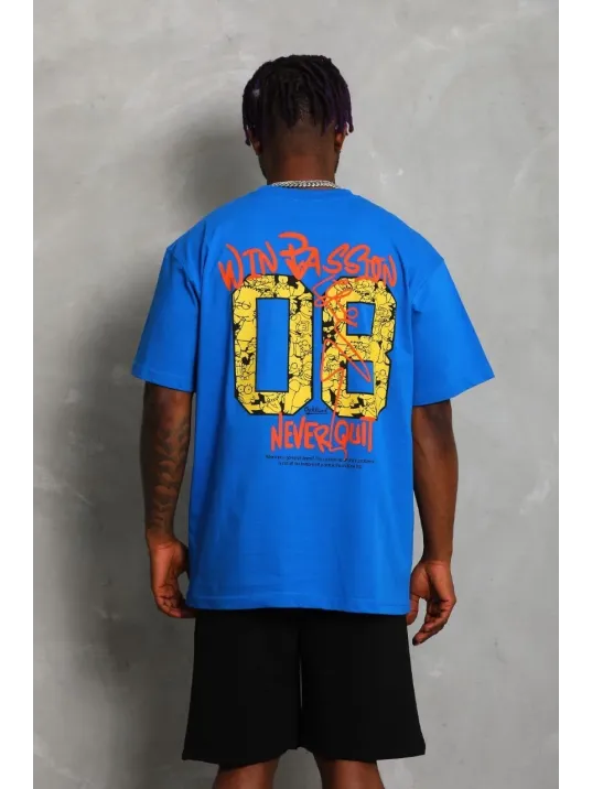 Unisex Oversize Baskılı Bisiklet Yaka T-Shirt - Mavi Unisex Oversize Baskılı Bisiklet Yaka T-Shirt - Mavi