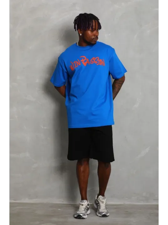 Unisex Oversize Baskılı Bisiklet Yaka T-Shirt - Mavi Unisex Oversize Baskılı Bisiklet Yaka T-Shirt - Mavi