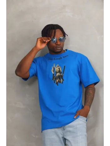 Unisex Oversize Baskılı Bisiklet Yaka T-Shirt - Mavi Unisex Oversize Baskılı Bisiklet Yaka T-Shirt - Mavi