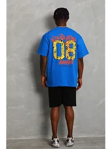 Erkek Baskılı Tişort Kısa Kol Bisiklet Yaka Ovarsize T-shirt -  Mavi