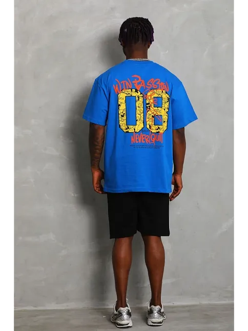 Erkek Baskılı Tişort Kısa Kol Bisiklet Yaka Ovarsize T-shirt -  Mavi