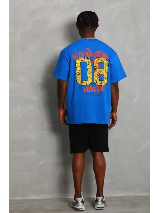 Unisex Oversize Baskılı Bisiklet Yaka T-Shirt - Mavi Unisex Oversize Baskılı Bisiklet Yaka T-Shirt - Mavi