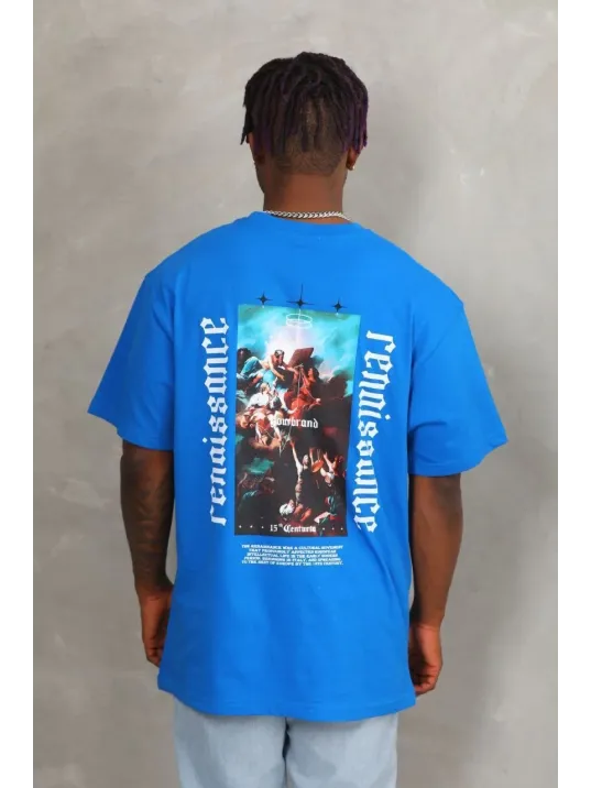 Unisex Oversize Baskılı Bisiklet Yaka T-Shirt - Mavi Unisex Oversize Baskılı Bisiklet Yaka T-Shirt - Mavi