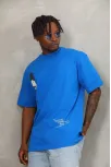Unisex Oversize Baskılı Bisiklet Yaka T-shirt - Mavi