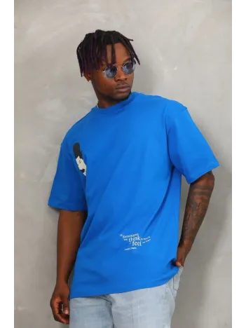 Unisex Oversize Baskılı Bisiklet Yaka T-Shirt - Mavi Unisex Oversize Baskılı Bisiklet Yaka T-Shirt - Mavi